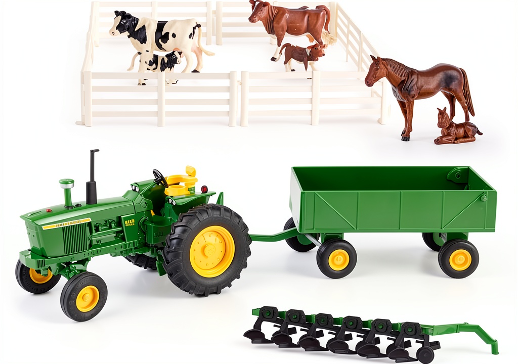 Installing John Deere Farm Toy Tractor Set Die Cast Kids Play on a wooden desk